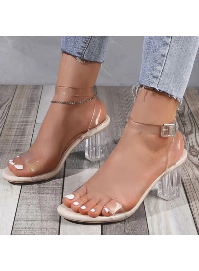 صنادل نسائية بكعب عالٍ شفاف مع أحزمة سميكة للنساء مع مشبك خلفي - Image 1
