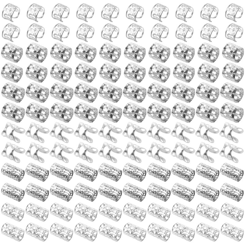 Ryalan 120 PCS Silver Dreadlock Beads Hair Jewelry Braids Accessories for Goddess Locs Crochet Passion Twist Hair Rings Soft Metal Adjustable Braiding Cuffs (120Pcs, Silver) - Image 1