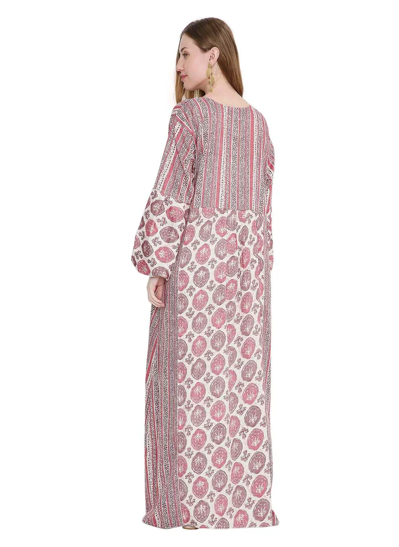 هانا آند سارا long viscose printed farasha with unique thread embroidered arabic kaftan jalabiya dress