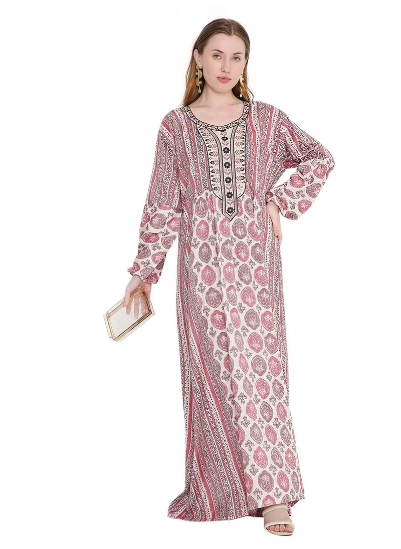 هانا آند سارا long viscose printed farasha with unique thread embroidered arabic kaftan jalabiya dress
