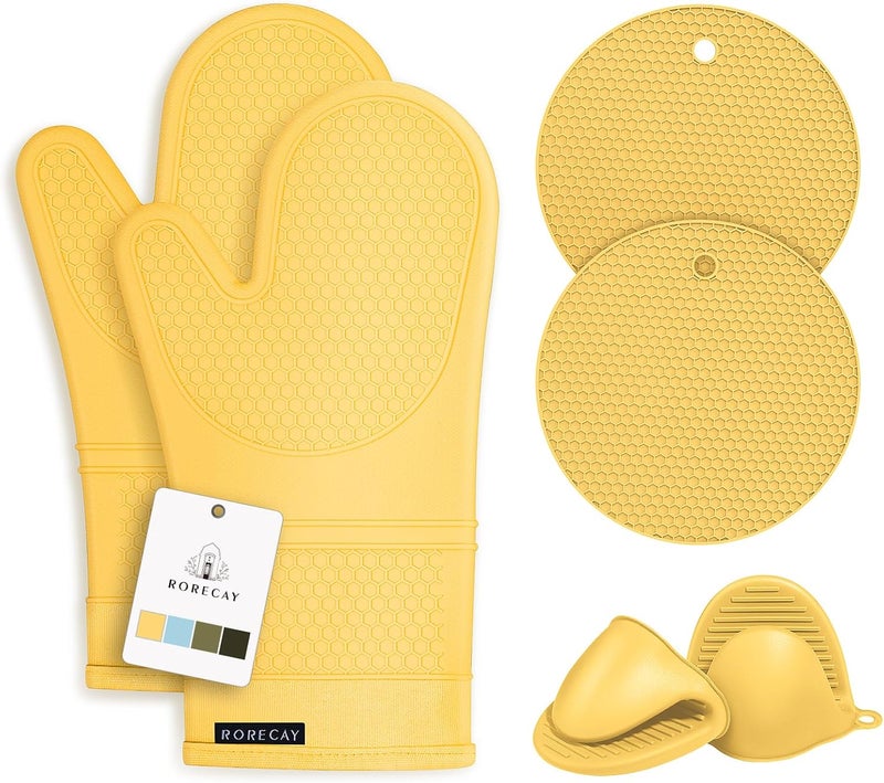 Rorecay Oven Mitts and Pot Holders Sets 6pcs, Extra Long Kitchen Silicone Oven Gloves Heat Resistant 500 Degrees Non-Slip Potholders Hot Pads for Baking Cooking, Quilted Liner, Samoan Sun - Image 1