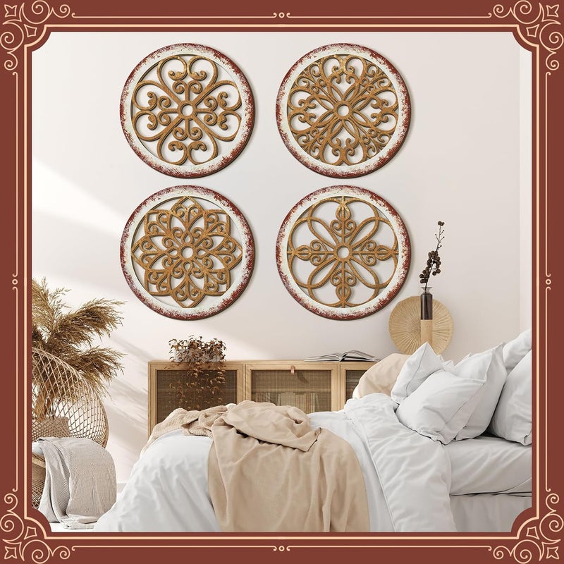 Yulejo 4 Pcs Thicken Rustic Wall Decor Farmhouse Kitchen Wall Round Art Wooden Hollow Carved Design Rustic Art for Living Room Bedroom Hallway Decor (9.8 x 9.8 Inch,Light Brown) - Image 4
