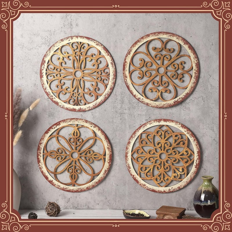 Yulejo 4 Pcs Thicken Rustic Wall Decor Farmhouse Kitchen Wall Round Art Wooden Hollow Carved Design Rustic Art for Living Room Bedroom Hallway Decor (9.8 x 9.8 Inch,Light Brown) - Image 3