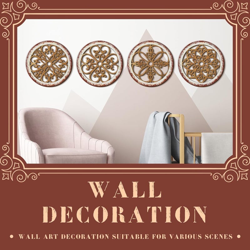 Yulejo 4 Pcs Thicken Rustic Wall Decor Farmhouse Kitchen Wall Round Art Wooden Hollow Carved Design Rustic Art for Living Room Bedroom Hallway Decor (9.8 x 9.8 Inch,Light Brown) - Image 5