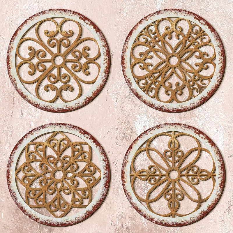 Yulejo 4 Pcs Thicken Rustic Wall Decor Farmhouse Kitchen Wall Round Art Wooden Hollow Carved Design Rustic Art for Living Room Bedroom Hallway Decor (9.8 x 9.8 Inch,Light Brown) - Image 1
