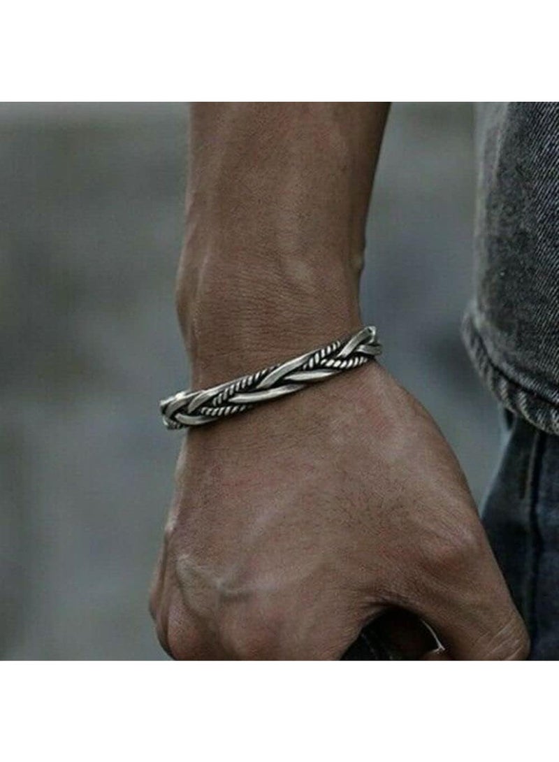 Vintage Open Bracelet, Cuff Bangle for Men, Retro Twisted Braided Open Bracelet - Image 2