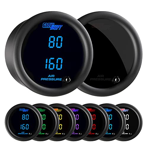 GLOWSHIFT مجموعة مقياس ضغط الهواء الرقمي المزدوج 220 PSI من GlowShift مع عدسة ملونة 7 ألوان - لأنظمة تعليق الهواء - تشمل 2 مستشعرات إلكترونية - شاشة LED متعددة الألوان - عدسة مدخنة - 2-1/16" 52mm - Image 1