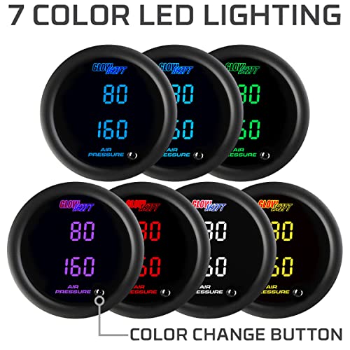 GLOWSHIFT مجموعة مقياس ضغط الهواء الرقمي المزدوج 220 PSI من GlowShift مع عدسة ملونة 7 ألوان - لأنظمة تعليق الهواء - تشمل 2 مستشعرات إلكترونية - شاشة LED متعددة الألوان - عدسة مدخنة - 2-1/16" 52mm - Image 4