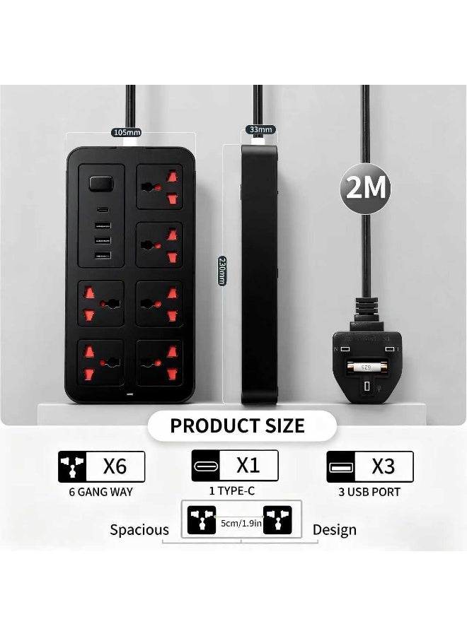 NEOLINK 2 meters Universal Extension Lead with Multiple Function UK Plug 3 Pin Socket Outlet with 6 Gang 3 USB Port 1 Type-C Port 2M Electric Socket Mains Strip for Home Kitchen and Office 2 meters - Image 3