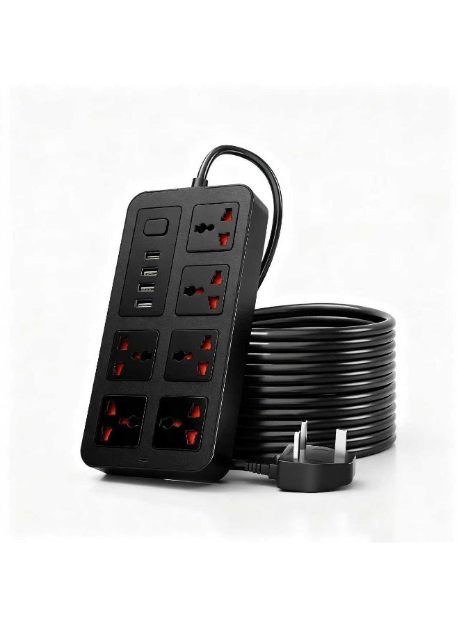 NEOLINK 2 meters Universal Extension Lead with Multiple Function UK Plug 3 Pin Socket Outlet with 6 Gang 3 USB Port 1 Type-C Port 2M Electric Socket Mains Strip for Home Kitchen and Office 2 meters