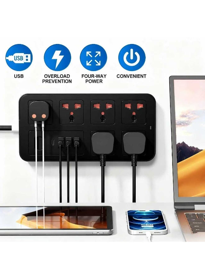 NEOLINK 2 meters Universal Extension Lead with Multiple Function UK Plug 3 Pin Socket Outlet with 6 Gang 3 USB Port 1 Type-C Port 2M Electric Socket Mains Strip for Home Kitchen and Office 2 meters - Image 2