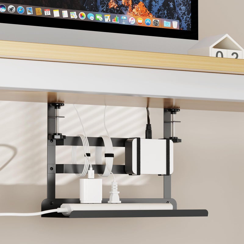 YECAYE Under Desk Cable Management Tray, No Drill Clamp Mount Metal Cable Management Tray with Desk Protection Pads, Under Desk Organizer Easy Installation with Hook & Loop Straps for Home Office - Image 3