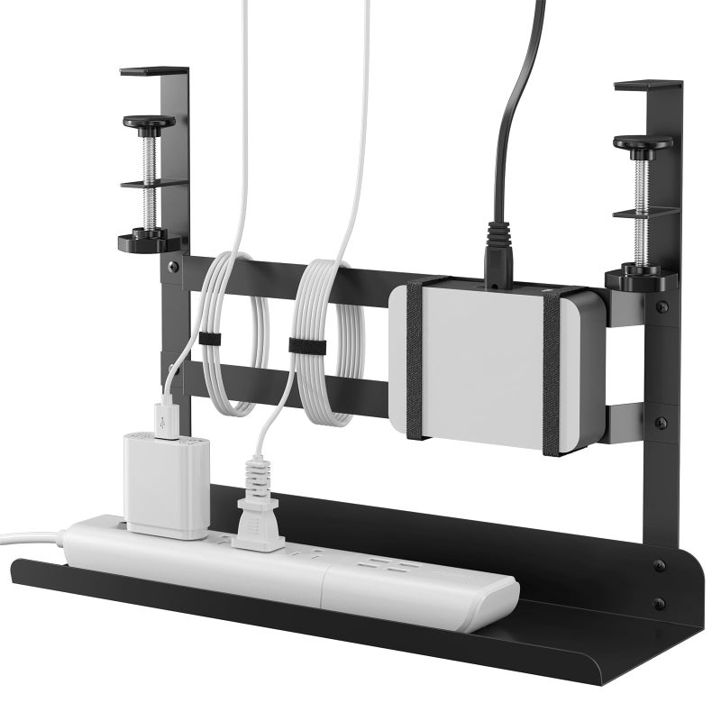 YECAYE Under Desk Cable Management Tray, No Drill Clamp Mount Metal Cable Management Tray with Desk Protection Pads, Under Desk Organizer Easy Installation with Hook & Loop Straps for Home Office - Image 1