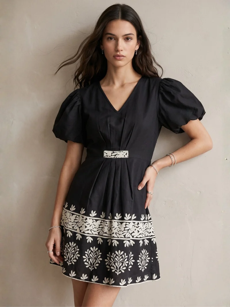 Black Short-Sleeve Floral Dress