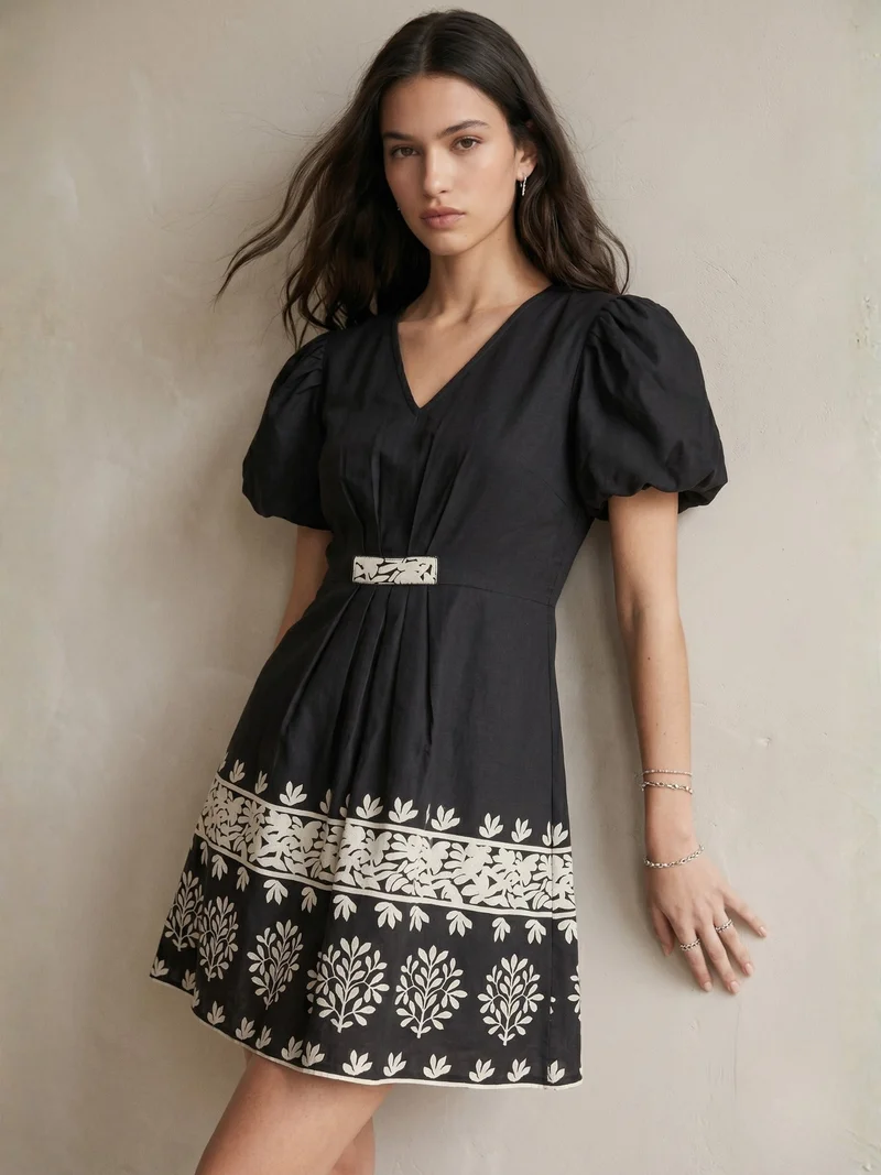 Outzidr black Black Short-Sleeve Floral Dress for Women | Best Price UAE
