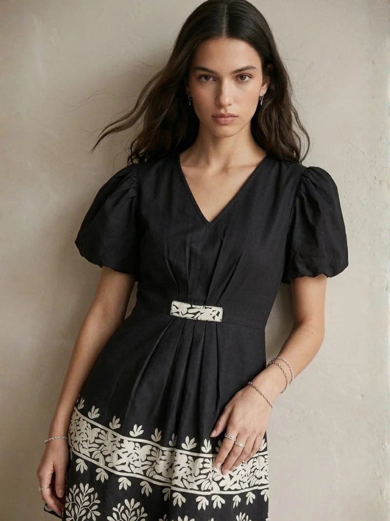 Outzidr black Black Short-Sleeve Floral Dress for Women | Best Price UAE