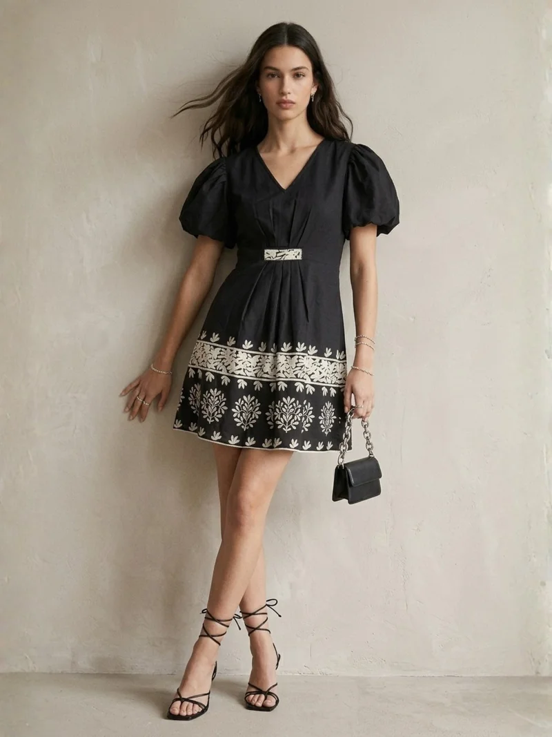 Outzidr black Black Short-Sleeve Floral Dress for Women | Best Price UAE