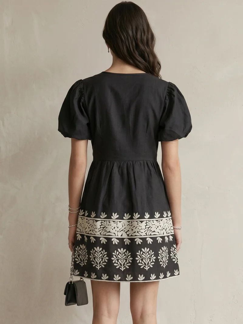 Outzidr black Black Short-Sleeve Floral Dress for Women | Best Price UAE
