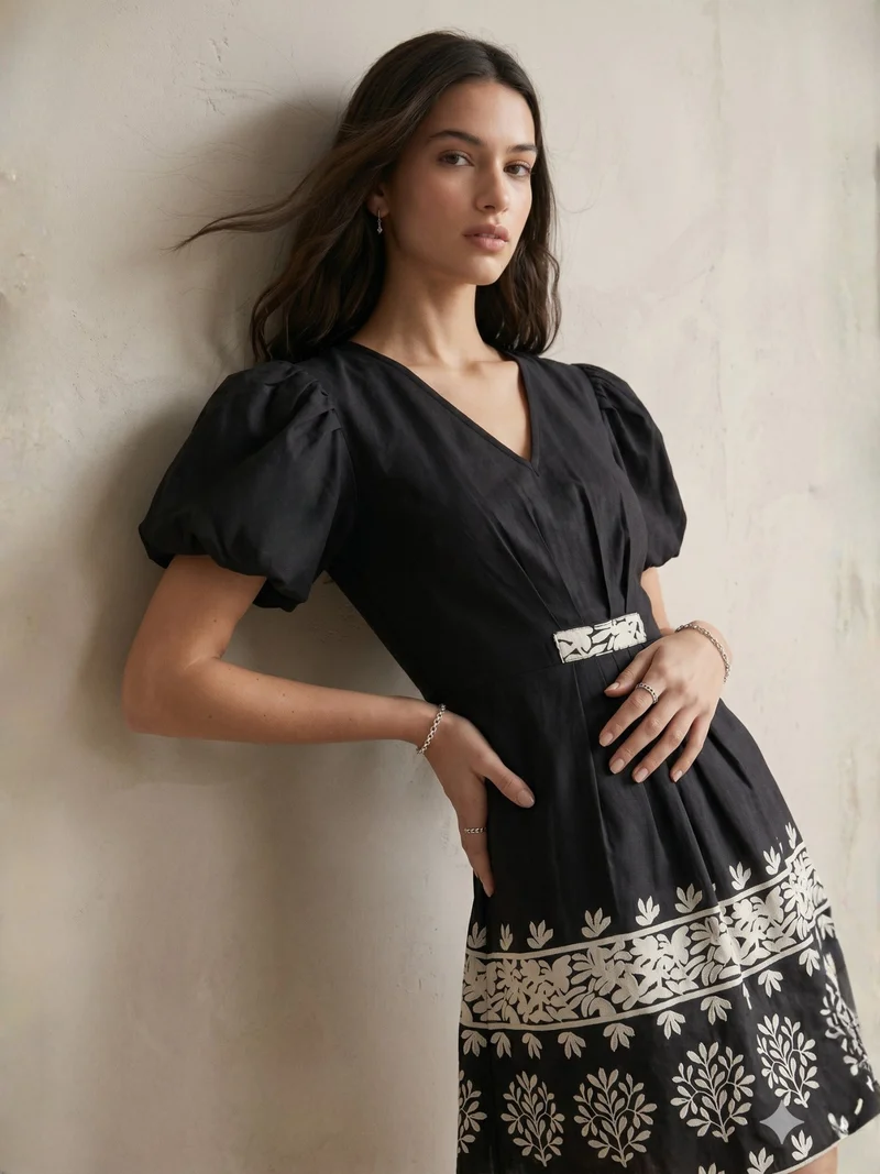 Outzidr black Black Short-Sleeve Floral Dress for Women | Best Price UAE