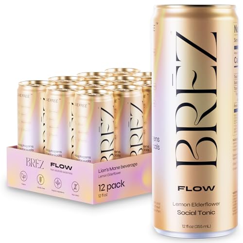 BREZ BRZ FLOW Lions Mane Mushroom Drink 12 Pack Lemon Elderflower Supports Mood Focus NonAlcoholic Sparkling Adaptogen Drink Functional Mushrooms Feel Clear Calm Refreshed 12 Fl oz Cans - Image 2