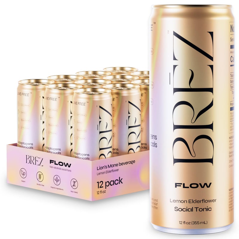 BREZ BRZ FLOW Lions Mane Mushroom Drink 12 Pack Lemon Elderflower Supports Mood Focus NonAlcoholic Sparkling Adaptogen Drink Functional Mushrooms Feel Clear Calm Refreshed 12 Fl oz Cans - Image 3