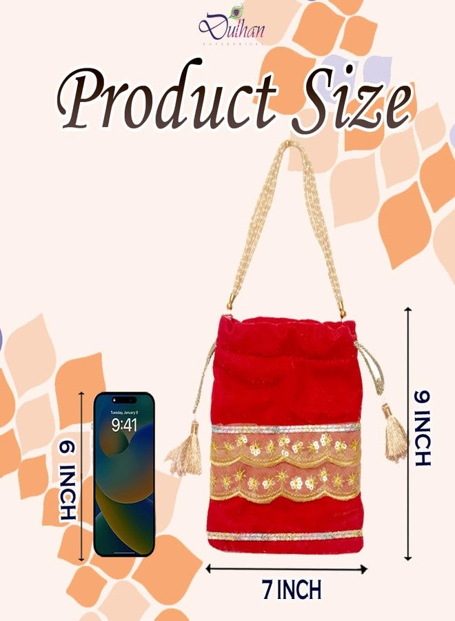 Dulhan Velvet Potli Bag with Pearl Handle | Sequin Tissue Lace Zari Tassels and Resham Dori | Red Soft Padded Wedding Shagun Pouch for Return Gifts, Wedding, Winter and Festive Use (pack of 6) - Image 3