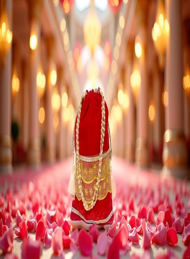 Dulhan Velvet Potli Bag with Pearl Handle | Sequin Tissue Lace Zari Tassels and Resham Dori | Red Soft Padded Wedding Shagun Pouch for Return Gifts, Wedding, Winter and Festive Use (pack of 6) - Image 2