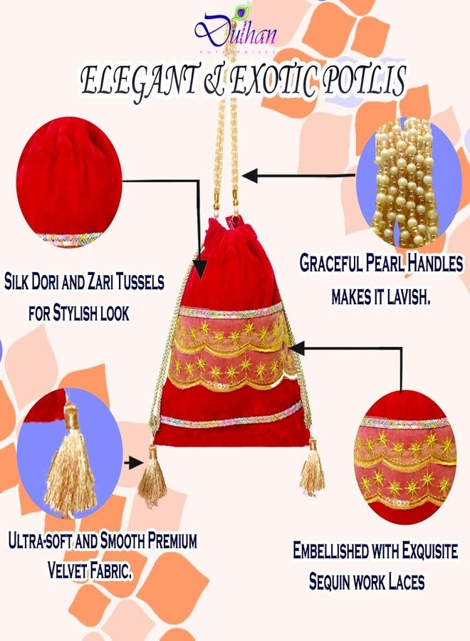 Dulhan Velvet Potli Bag with Pearl Handle | Sequin Tissue Lace Zari Tassels and Resham Dori | Red Soft Padded Wedding Shagun Pouch for Return Gifts, Wedding, Winter and Festive Use (pack of 6) - Image 4