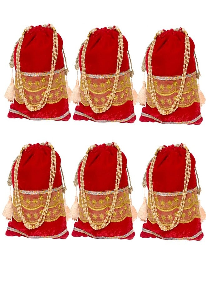 Dulhan Velvet Potli Bag with Pearl Handle | Sequin Tissue Lace Zari Tassels and Resham Dori | Red Soft Padded Wedding Shagun Pouch for Return Gifts, Wedding, Winter and Festive Use (pack of 6) - Image 1