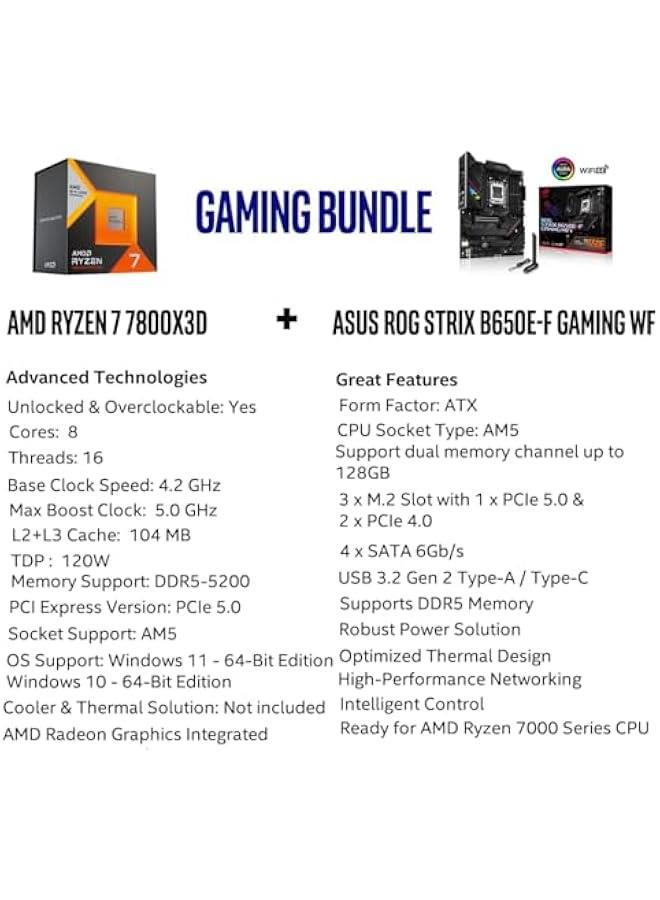 Arabest AMD Ryzen 7 7800X3D Octa-Core Hexadeca-Thread CPU Package with ASUS ROG Strix B650E-F Gaming WiFi AM5 (LGA1718) Ryzen 7000 Gaming Mainboard(DDR5, PCI Express 5.0) - Image 2