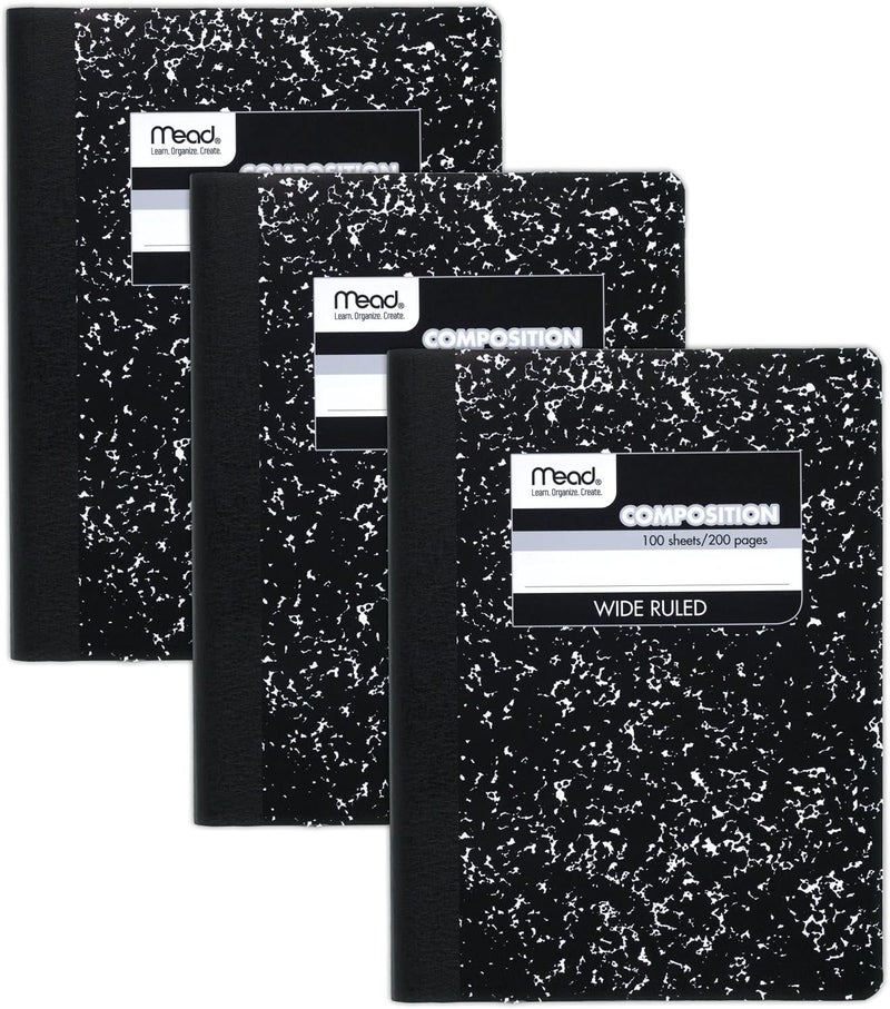 Mead Composition Notebook, 3 Pack, Wide Ruled Paper, 7-1/2" x 9-3/4", 100 Sheets per Comp Book, Black Marble (38301) - Image 1
