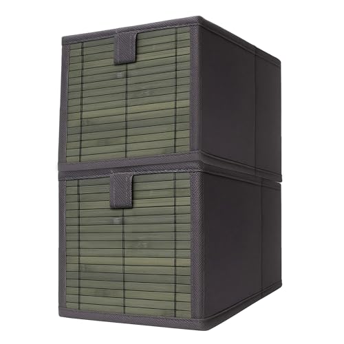 Prime Pick Smart Fold Storage Box Foldable Clothes Organizer Bamboo Front Metal Frame Lid Covered Washable Fabric Wardrobe Drawer Closet Storage Bin Easy Carry Handles Grey Pack of 2 - Image 1
