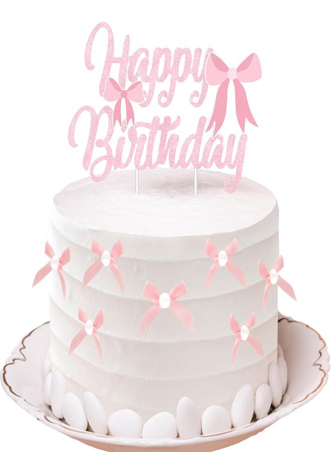 FujDun Pink Bow Cake Topper, 1pc Happy Birthday Sign, 18pcs Ribbon Pearl Cake Toppers, Bow Cake Decorations for Birthday Baby Shower Party Supplies (Pink) - Image 1