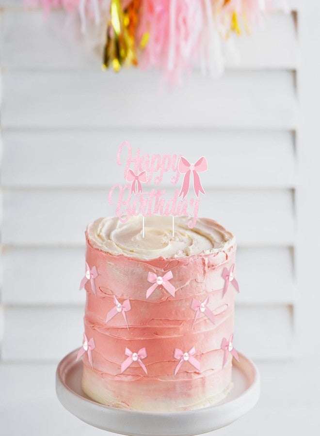 FujDun Pink Bow Cake Topper, 1pc Happy Birthday Sign, 18pcs Ribbon Pearl Cake Toppers, Bow Cake Decorations for Birthday Baby Shower Party Supplies (Pink) - Image 4