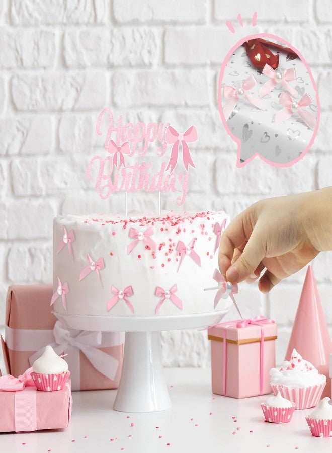 FujDun Pink Bow Cake Topper, 1pc Happy Birthday Sign, 18pcs Ribbon Pearl Cake Toppers, Bow Cake Decorations for Birthday Baby Shower Party Supplies (Pink) - Image 3