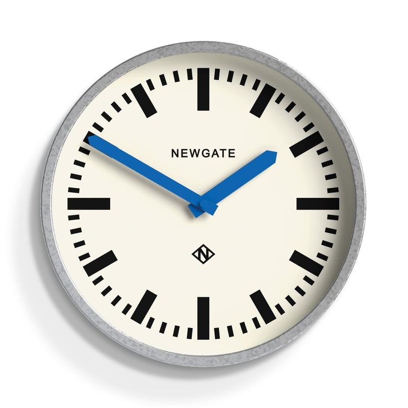 NEWGATE Luggage Wall Clock  Retro Inspired Modern Station Clock  30cm  Deep galvanised Metal case with Blue Hands  MidCentury Inspired for Kitchen Living Room or Office