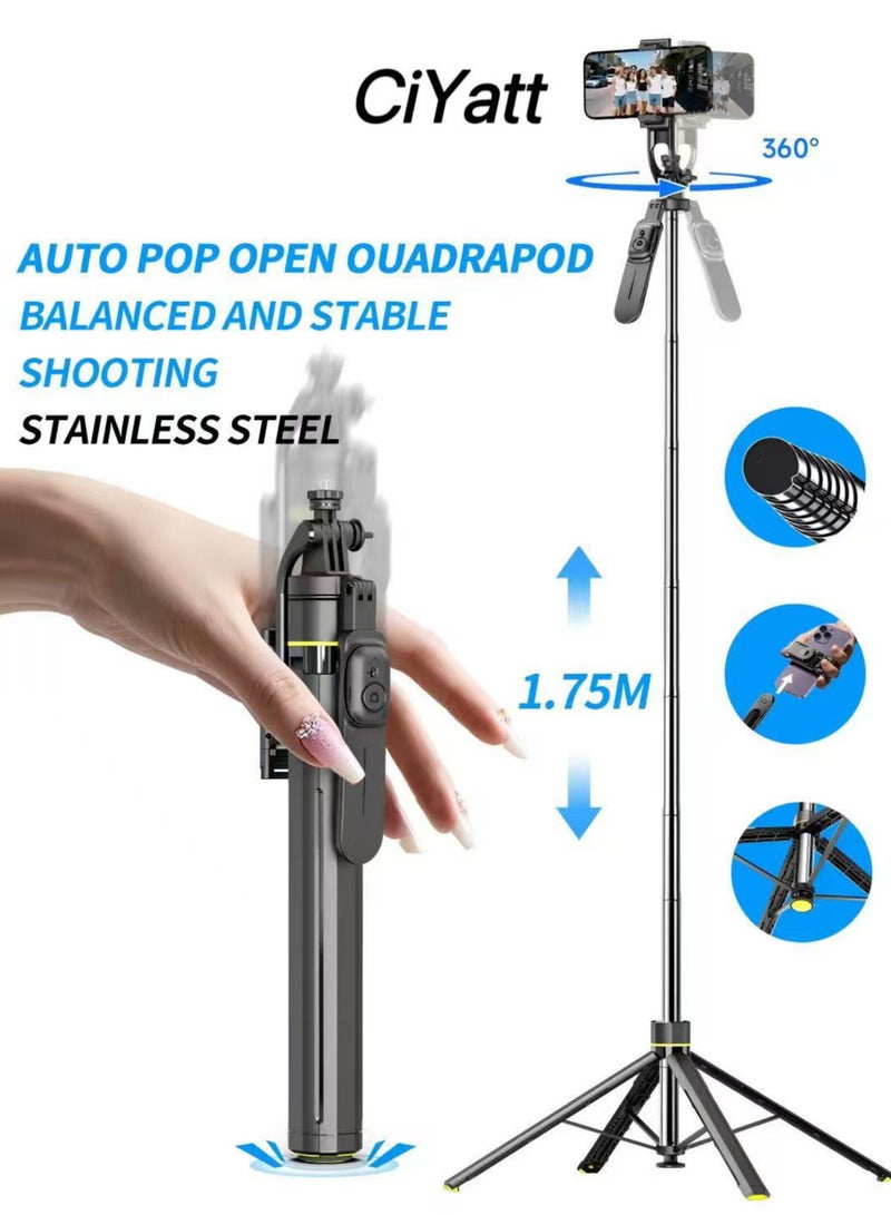 CiYatt 68.9 Inches Extra Long Selfie Stick Tripod Anti-shake Selfie Stick with auto open,Quadripod Stand with Rechargeable Bluetooth Remote for Mobile Phone, Suitable for both smartphone and camera - Image 1