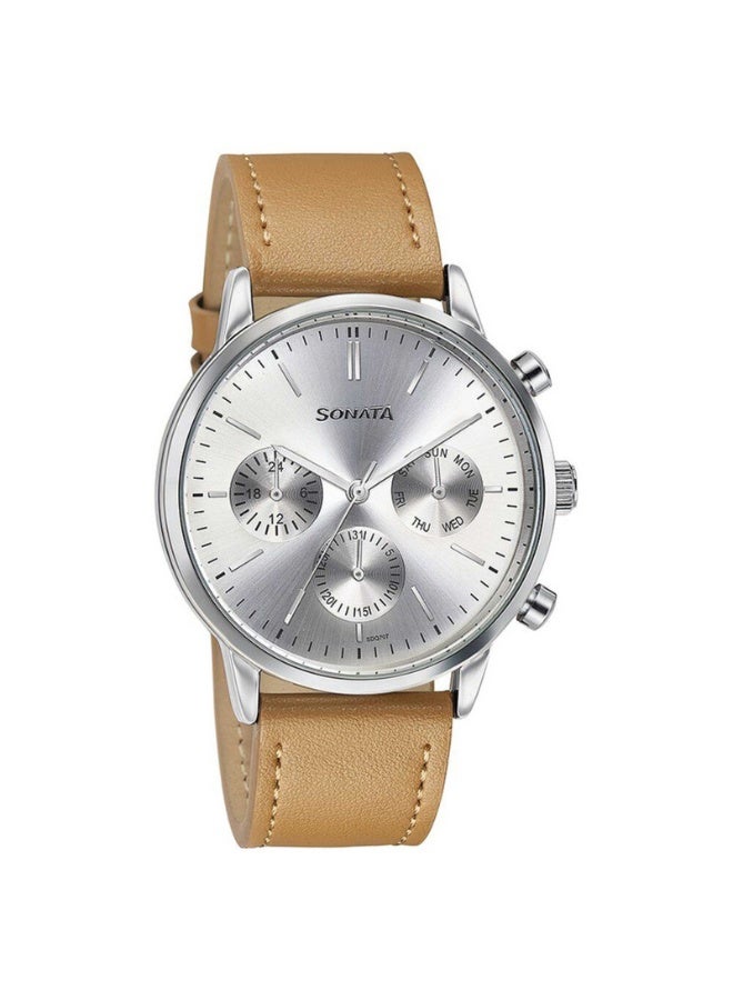 Sonata ساعة يد أنالوج للرجال 77139SL01 – قرص فضي، حزام جلد بني، متعددة الوظائف، علبة 46 مم، مقاومة للماء حتى 30 م - Image 2