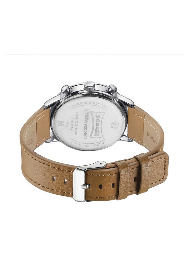 Sonata ساعة يد أنالوج للرجال 77139SL01 – قرص فضي، حزام جلد بني، متعددة الوظائف، علبة 46 مم، مقاومة للماء حتى 30 م - Image 5