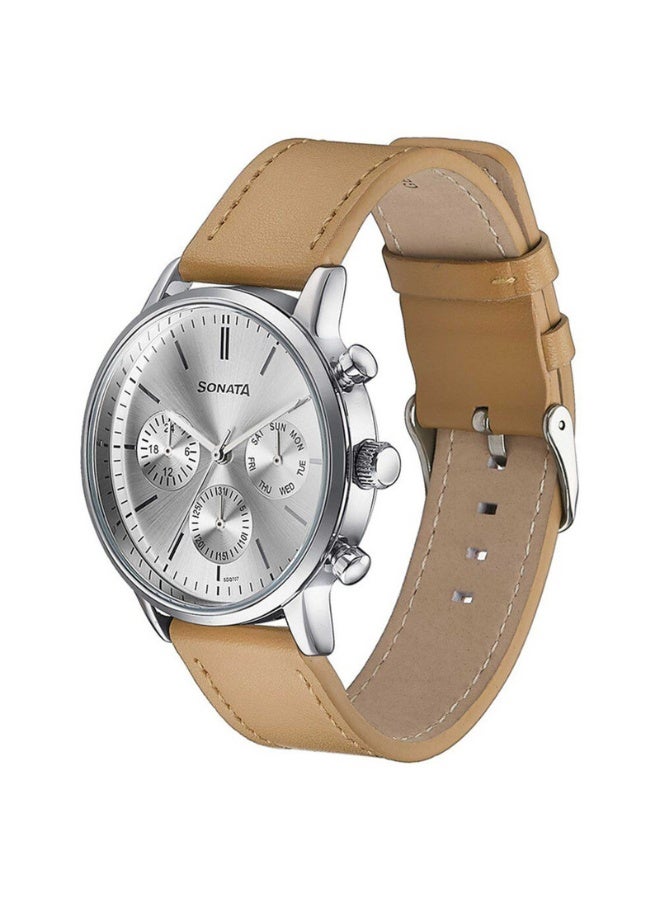 Sonata ساعة يد أنالوج للرجال 77139SL01 – قرص فضي، حزام جلد بني، متعددة الوظائف، علبة 46 مم، مقاومة للماء حتى 30 م - Image 3