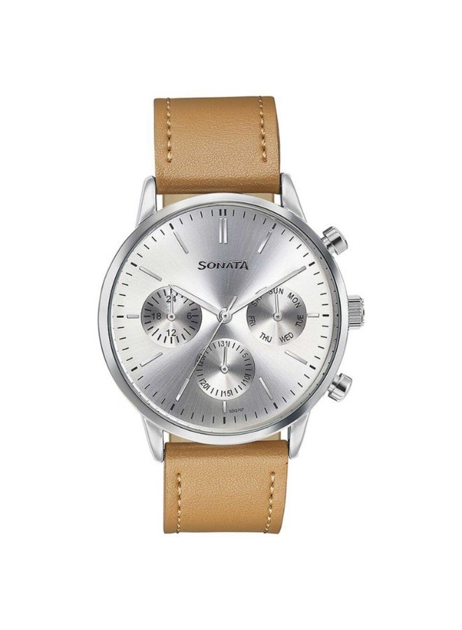 Sonata ساعة يد أنالوج للرجال 77139SL01 – قرص فضي، حزام جلد بني، متعددة الوظائف، علبة 46 مم، مقاومة للماء حتى 30 م - Image 1