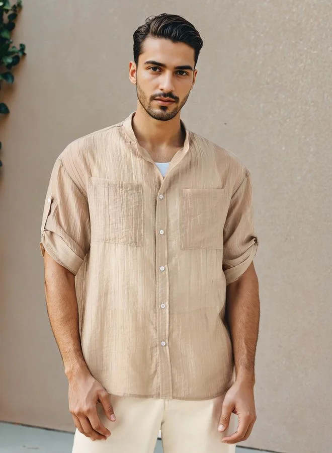 Iconic Textured Mandarin Shirt with 3/4 Sleeves and Chest Pockets