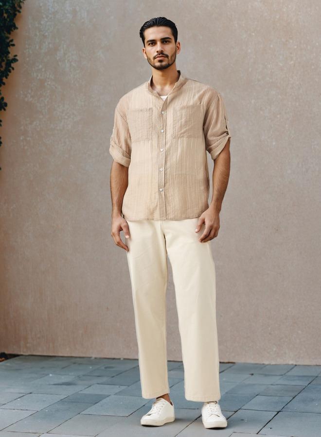 ايكونيك قميص ماندارين بارز الملمس بأكمام ثلاثة أرباع وجيوب على الصدر من أيكونيك - Image 2