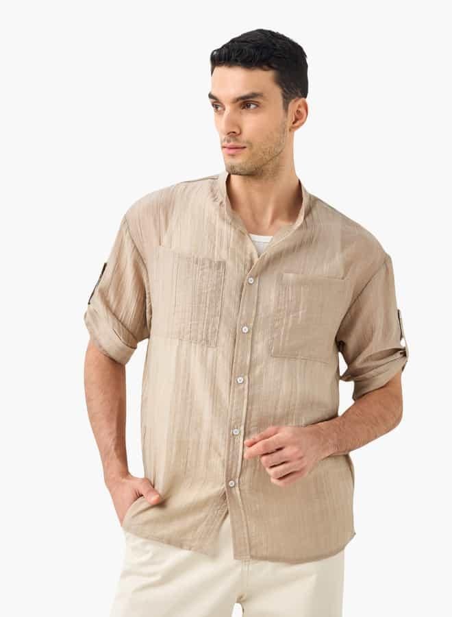 ايكونيك قميص ماندارين بارز الملمس بأكمام ثلاثة أرباع وجيوب على الصدر من أيكونيك - Image 4