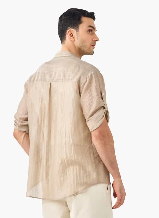 Iconic Iconic Textured Mandarin Shirt with 3/4 Sleeves and Chest Pockets