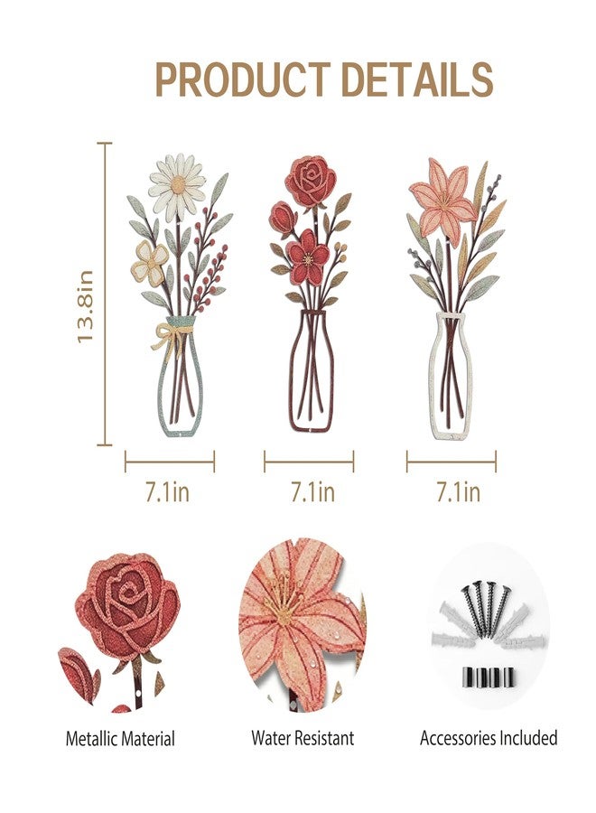 JolyWell 3 Pcs Metal Flowers Wall Arts Rustic Farmhouse Decor Floral Wall Decor for Bathroom Dining Room Boho Wall Decor Minimalist Decor Housewarming Gifts - Image 2