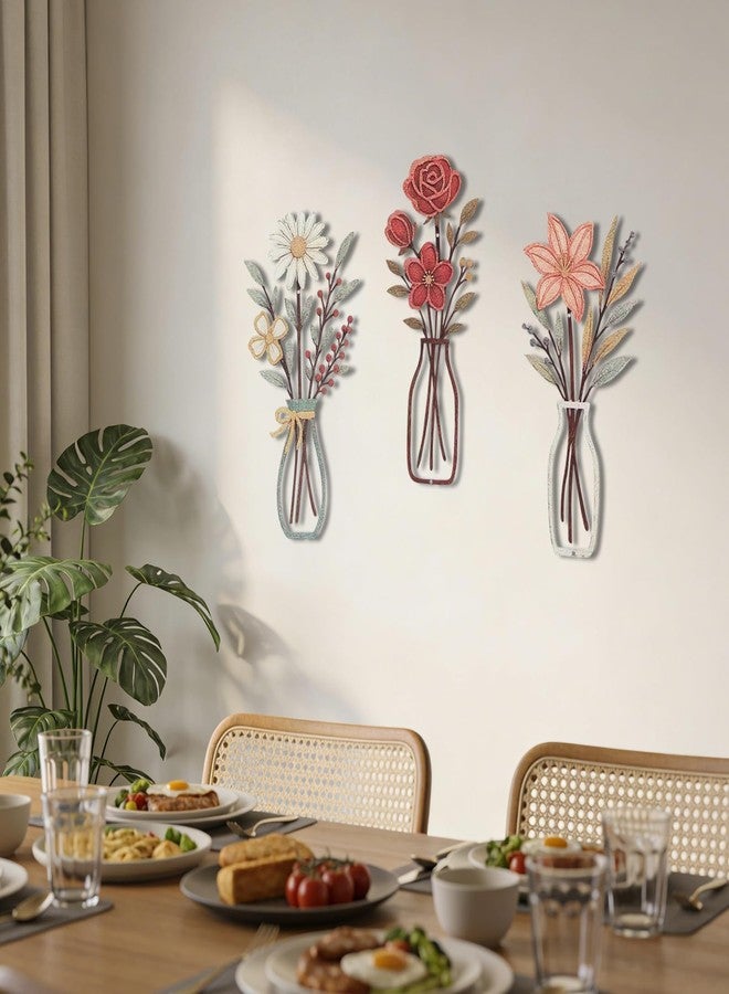 JolyWell 3 Pcs Metal Flowers Wall Arts Rustic Farmhouse Decor Floral Wall Decor for Bathroom Dining Room Boho Wall Decor Minimalist Decor Housewarming Gifts - Image 4