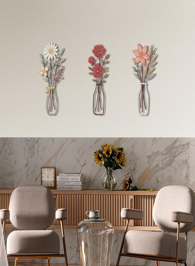 JolyWell 3 Pcs Metal Flowers Wall Arts Rustic Farmhouse Decor Floral Wall Decor for Bathroom Dining Room Boho Wall Decor Minimalist Decor Housewarming Gifts - Image 5