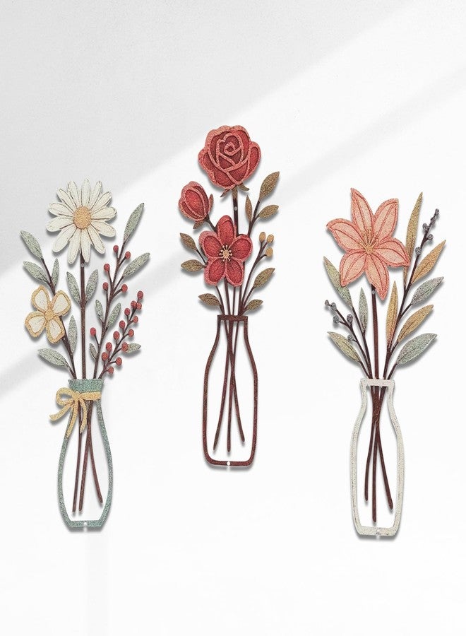 JolyWell 3 Pcs Metal Flowers Wall Arts Rustic Farmhouse Decor Floral Wall Decor for Bathroom Dining Room Boho Wall Decor Minimalist Decor Housewarming Gifts - Image 1