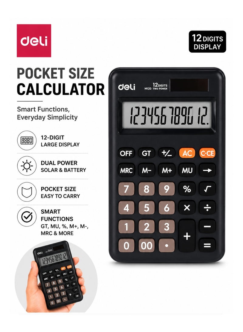 1-Piece Pocket Size Portable Calculator With 12 Digit Display Black